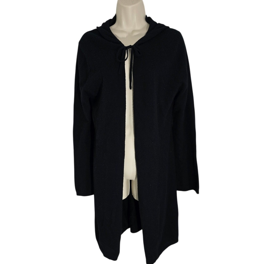 ARLOTTA Black 100% Cashmere Hooded Long Open Front Cardigan Sweater‎